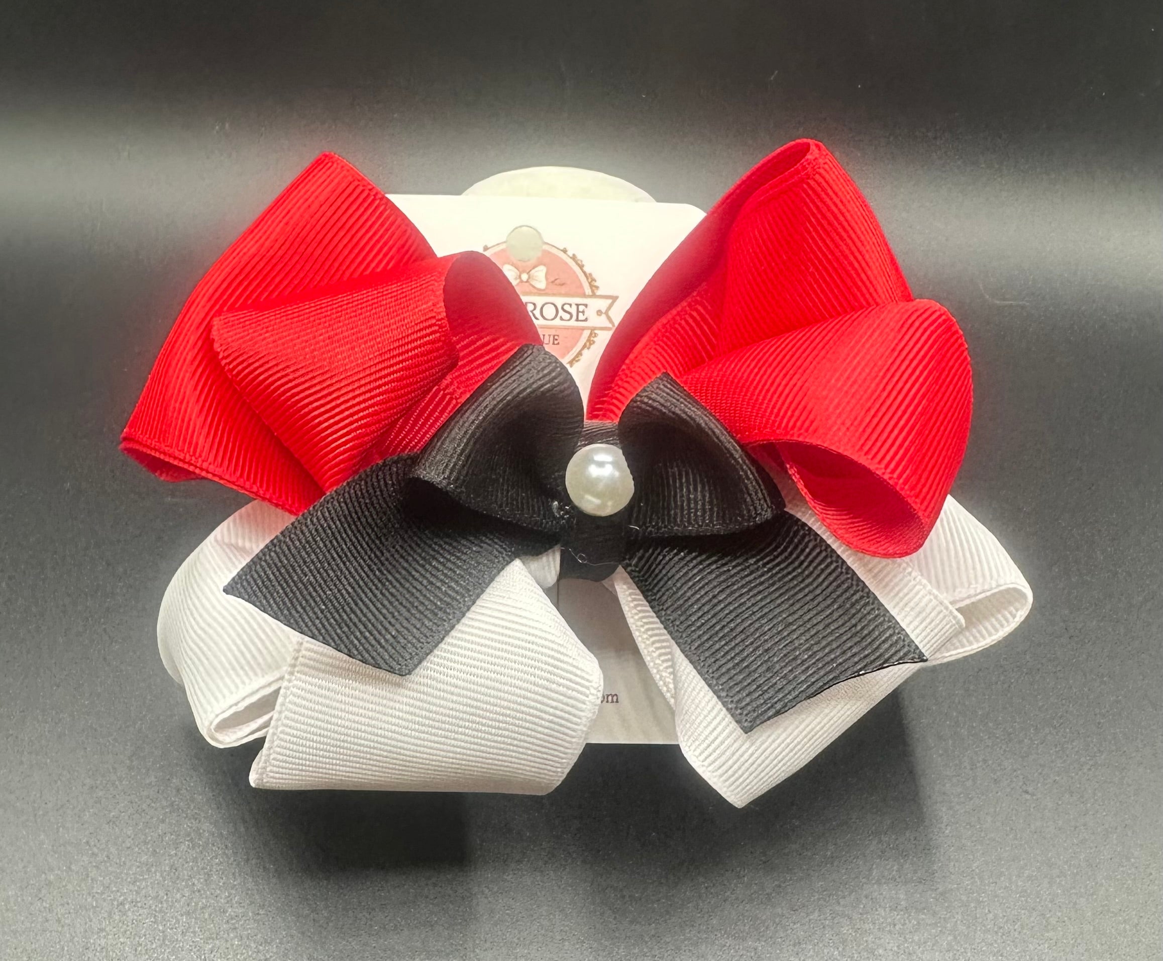 Pika bow - Red, White, and Black with Alligator Clip - Size: Large