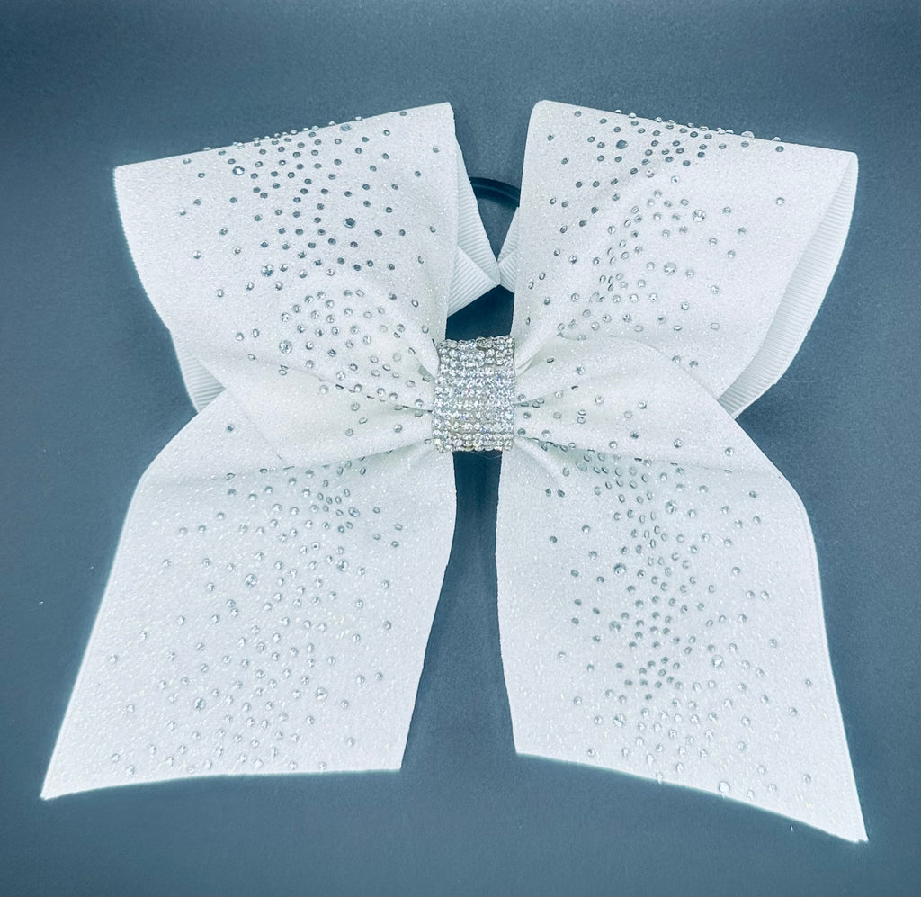 Kelli - Glittery White with Rhinestones Cheer Bow