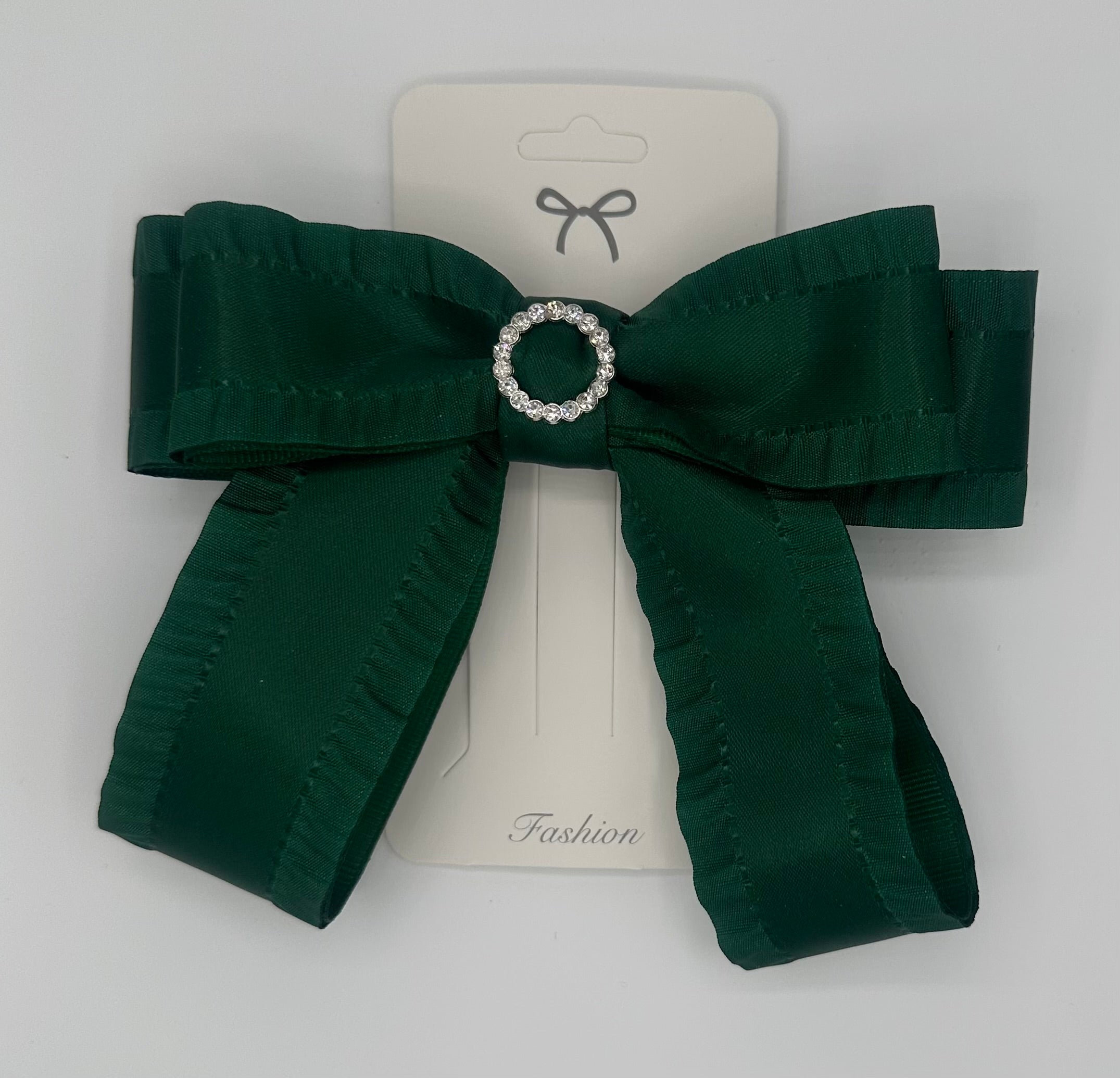 Katherine - Dark Green Grosgrain with Ruffles and a Sparkling Center