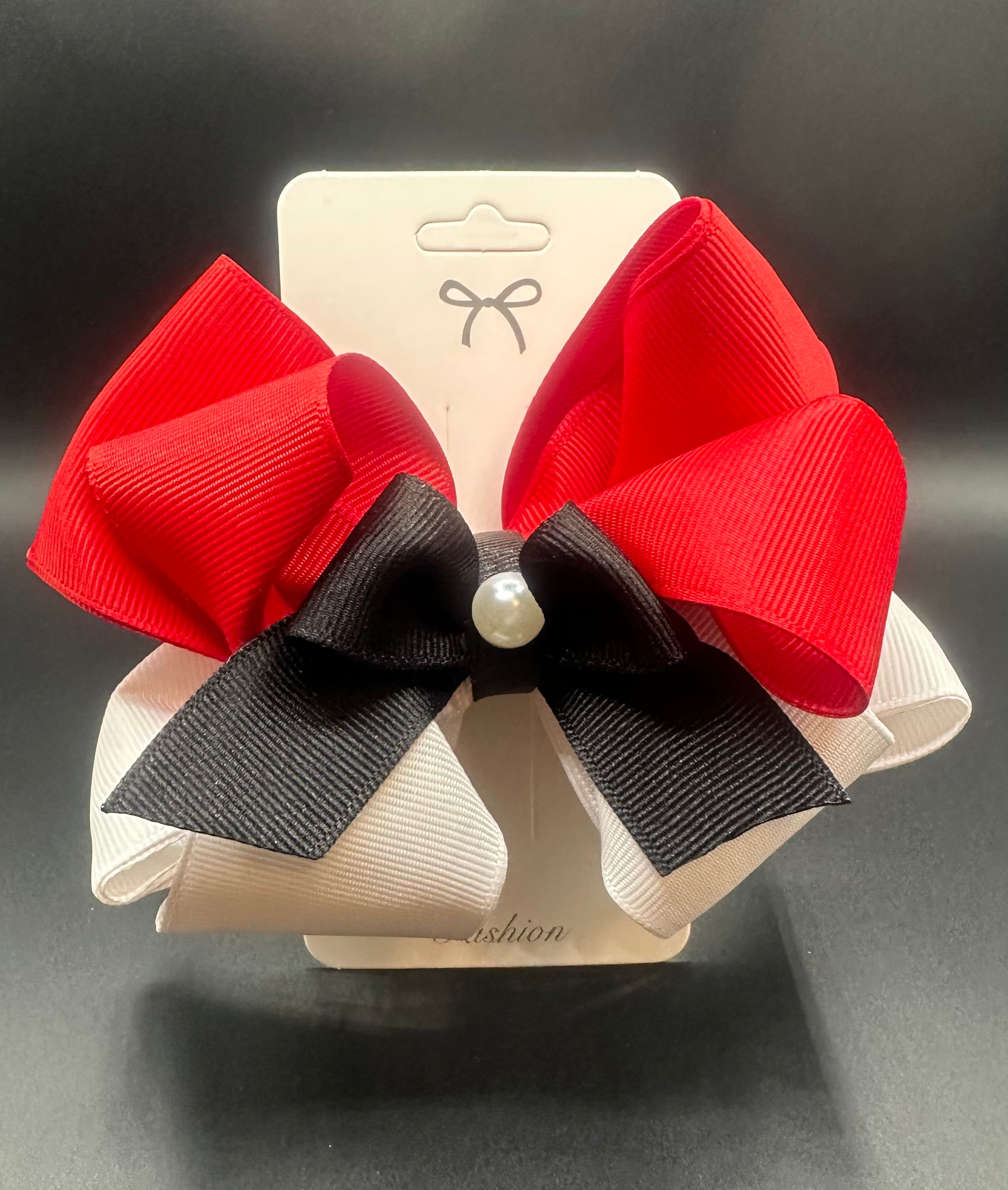 Pika bow - Red, White, and Black with Alligator Clip - Size: Large