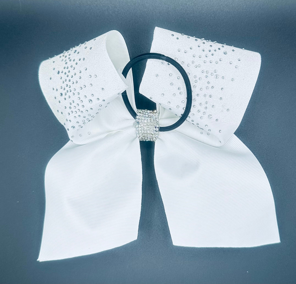 Kelli - Glittery White with Rhinestones Cheer Bow