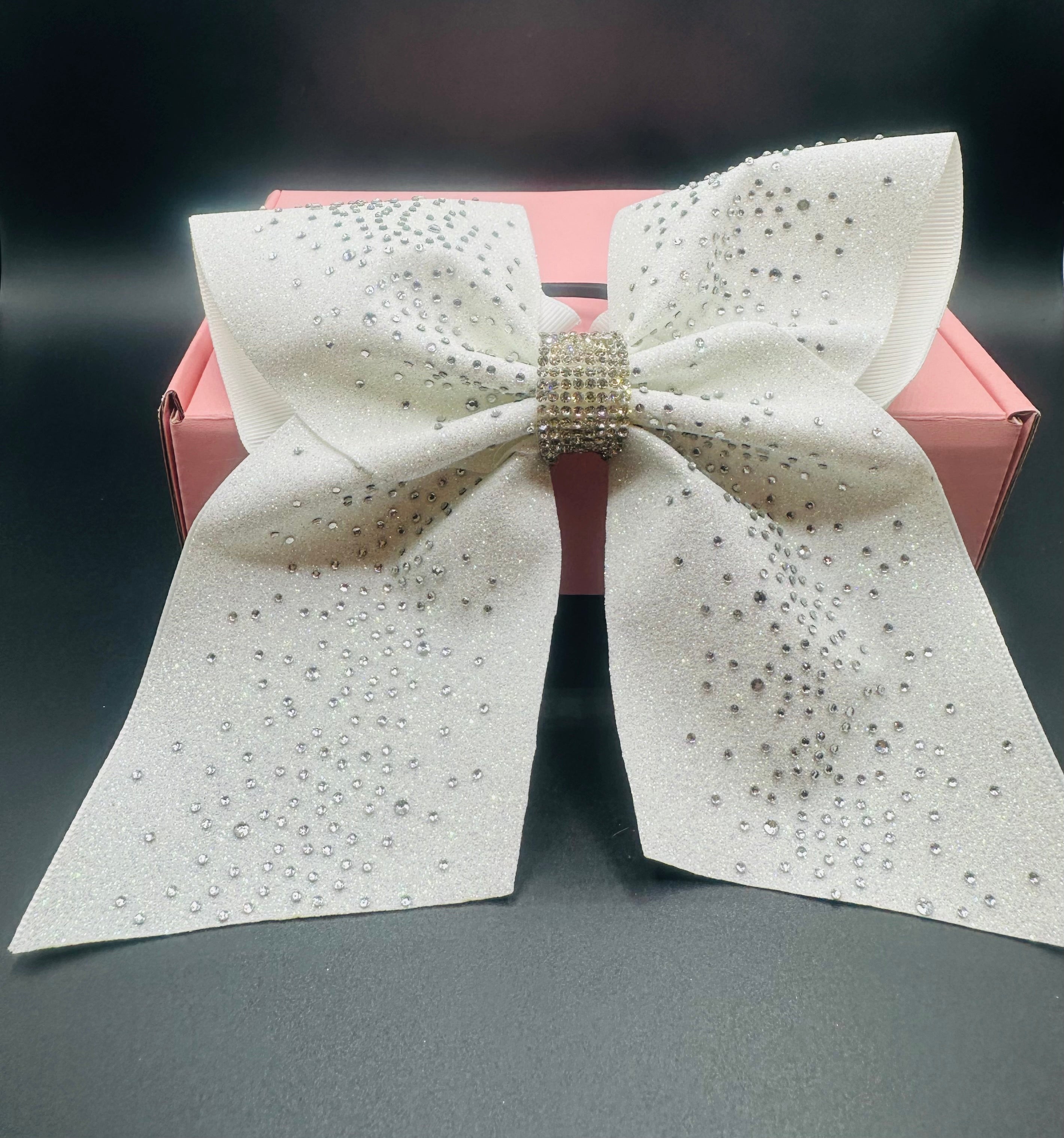 Kelli - Glittery White with Rhinestones Cheer Bow